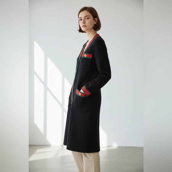 Gucci Wool Black GG Coat With Grosgrain Web - Picture 5 of 13
